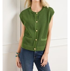 Talbots Mesh Knit Crested Button Boxy Sweater Shell sz M Green Gold Preppy Chic